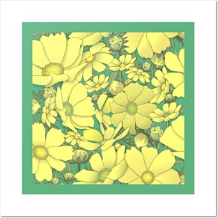 Tossed Yellow Cosmos Wildflowers on Soft Green Posters and Art